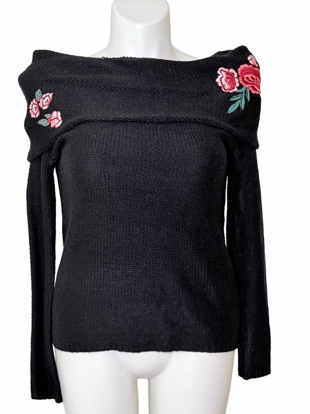 Off-Shoulder knit fitted Sweater women large floral Rose Embroidery whimsygoth